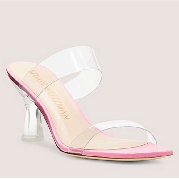 Stuart Weitzman Kristal Clear PVC Pink Leather Lucite Heel Sandal EUC Size 38.5 - Picture 1 of 12